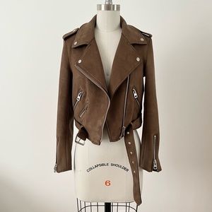 ZARA Brown Mocha Faux Suede Moto Belted Assym Zip Front Jacket Sz M